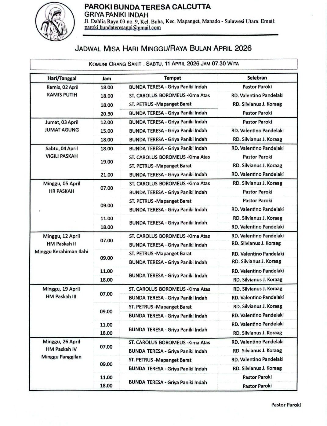 Jadwal Misa Hari Minggu/Raya Bulan Maret 2026