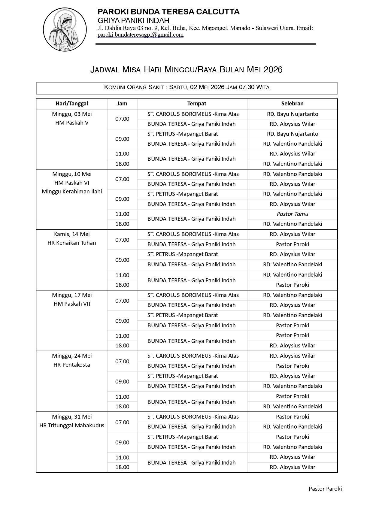 Jadwal Misa Hari Minggu/Raya Bulan Mei 2026